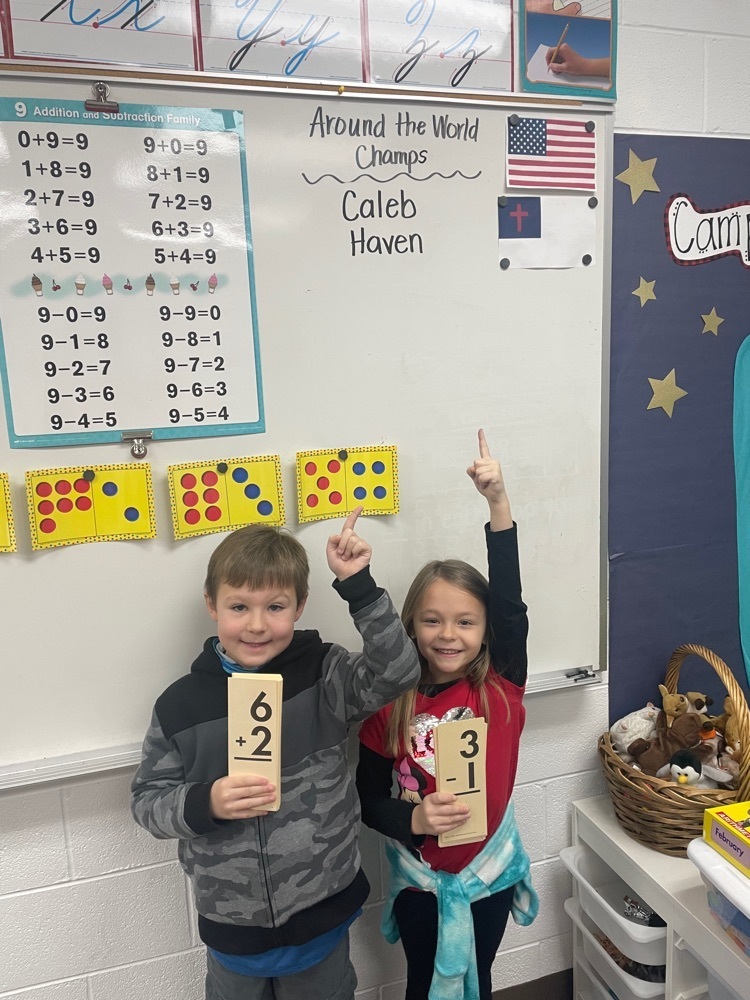 First graders, Haven and Caleb, were the Around The World champs today! Students love this game to practice their math facts! 